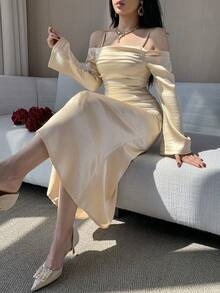 DAZY Women's Elegant Solid Light Yellow Open Shoulder Pleated Asymmetric Midi Dress, Spring/Summer Wedding Guest Dress Sundress Off The Shoulder - Light Yellow - View 3