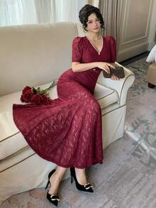 DAZY Women's Elegant Solid Color Lace V-Neck Puff Sleeve Fishtail Midi Dress, Summer Wedding Guest Dress Sundress - Burgundy - View 10