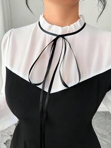 SHEIN PETITE CURVE 女士甜美优雅荷叶边领长袖连衣裙 - 黑色 - 查看 6