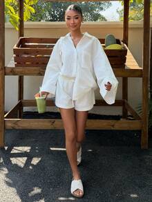 Muchica Women's Summer New Casual Vacation White Woven Shirt & Shorts Set - White - View 5