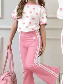 Bộ 2 món cho bé gái tuổi teen, gồm áo thun ngắn tay cổ tròn in hình trái tim dễ thương, dáng rộng, thích hợp mặc hàng ngày vào mùa xuân/hè, phong cách đường phố, đi chơi, ở nhà và đi nghỉ mát. - Nhiều màu - Xem 5