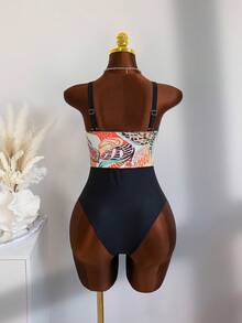 Swim Lushoire 成熟魅力女士吊带深V褶皱腰身彩色几何印花连体泳衣，黑色高腰修身复古时尚夏季沙滩泳装 - 彩色 - 查看 2
