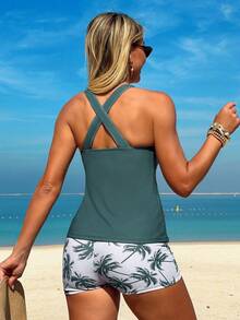 Swim Lushoire Bộ đồ bơi 3 món in hình cây cọ màu xanh ô liu mới dành cho nữ, gồm áo tankini lưng chéo và quần short. Áo tank top đi biển, áo kiểu nhiệt đới, áo mặc đi biển, áo tankini. - Nhiều màu - Xem 2