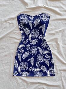 Soleia 女士夏季印花抹胸迷你连衣裙，度假必备 - 藍色 - 查看 3