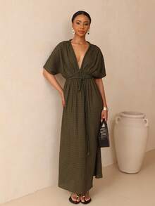 Vesra Women's V-Neck Loose Vacation Beach Green Dress With Drawstring, New For Spring/Summer - Army Green - View 4