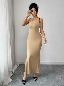 Rafferiza Vestido elegante y minimalista de mujer con cordón de ajuste, espalda descubierta y abertura lateral acanalada - Caqui - Ver 4