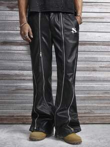 AXEPEAK Men's Zipper Decor Button Casual Wide Leg Pants - Black - View 5
