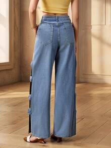 Selenza 女士休闲时尚性感度假风3D花卉镂空宽松阔腿牛仔裤 - 藍色 - 查看 2