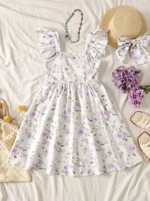 SHEIN Gaun Anak Perempuan Remaja Elegan dengan Hiasan Pita dan Rumbai Motif Bunga, Gaun Remaja Perempuan dengan Pita di Belakang, Gaun Musim Semi untuk Anak Perempuan dengan Lengan Bergelombang - Mauve Purple - View 4