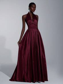 Elitara Elegant, Romantic, Minimalist, Fashionable, Dignified, Olive Green, Knitted Fabric, Halter Neck, Open Back, Extra-Large Skirt, Trailing, Fashionable, Internet Celebrity, Holiday, Vacation, Birthday Party, Wedding Event, Formal Evening Gown - Burgundy - View 7