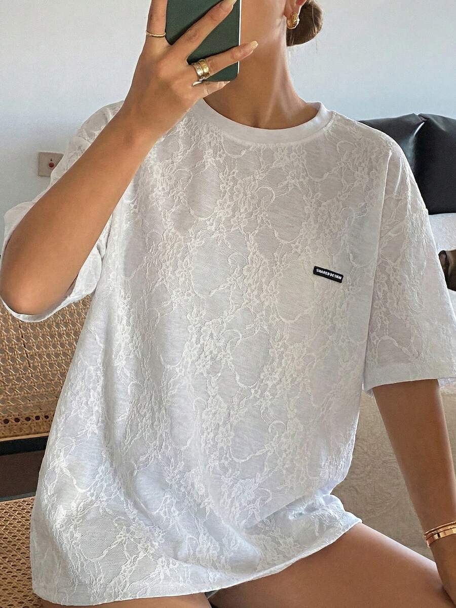 Áo thun nữ dáng rộng, thoải mái, chất liệu ren jacquard, họa tiết chữ, thích hợp mặc hàng ngày đi làm, mùa hè. - trắng - Xem 1