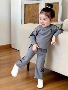 Genkimix Kids 2pcs/Set Purple Bowknot Sweatshirt Outfit For Young Girl4-7 Years Old, Casual Sports Suit, Autumn - Dark Grey - View 3
