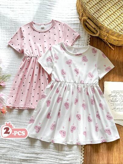 Vintaside Kids 2pcs Baby Girls Comfortable Casual Regular Thickness Soft Knit Polka Dot & Face Print Round Neck Basic Style Short Sleeve Fashionable Versatile Simple Elegant Dress Set, Suitable For Summer, Home, Outings, Travel, School And Daily Wear
