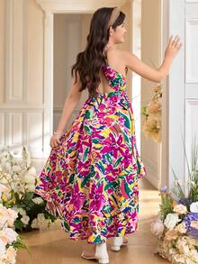 SHEIN Tween Girl Floral Print Backless Casual Vacation Dress - Multicolor - View 2