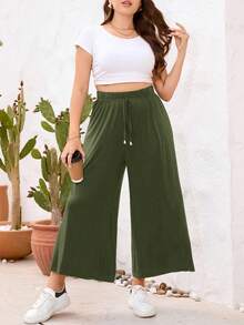 SHEIN Essnce Quần ống rộng dáng suông màu trơn dành cho nữ cỡ lớn, đa năng, thích hợp mặc hàng ngày, đi nghỉ mát và đi làm. - màu xanh lá - Xem 5