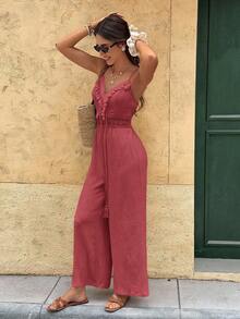 Serisse Women's Solid Color Backless Ruffle Trim Casual Jumpsuit - Redwood - View 4