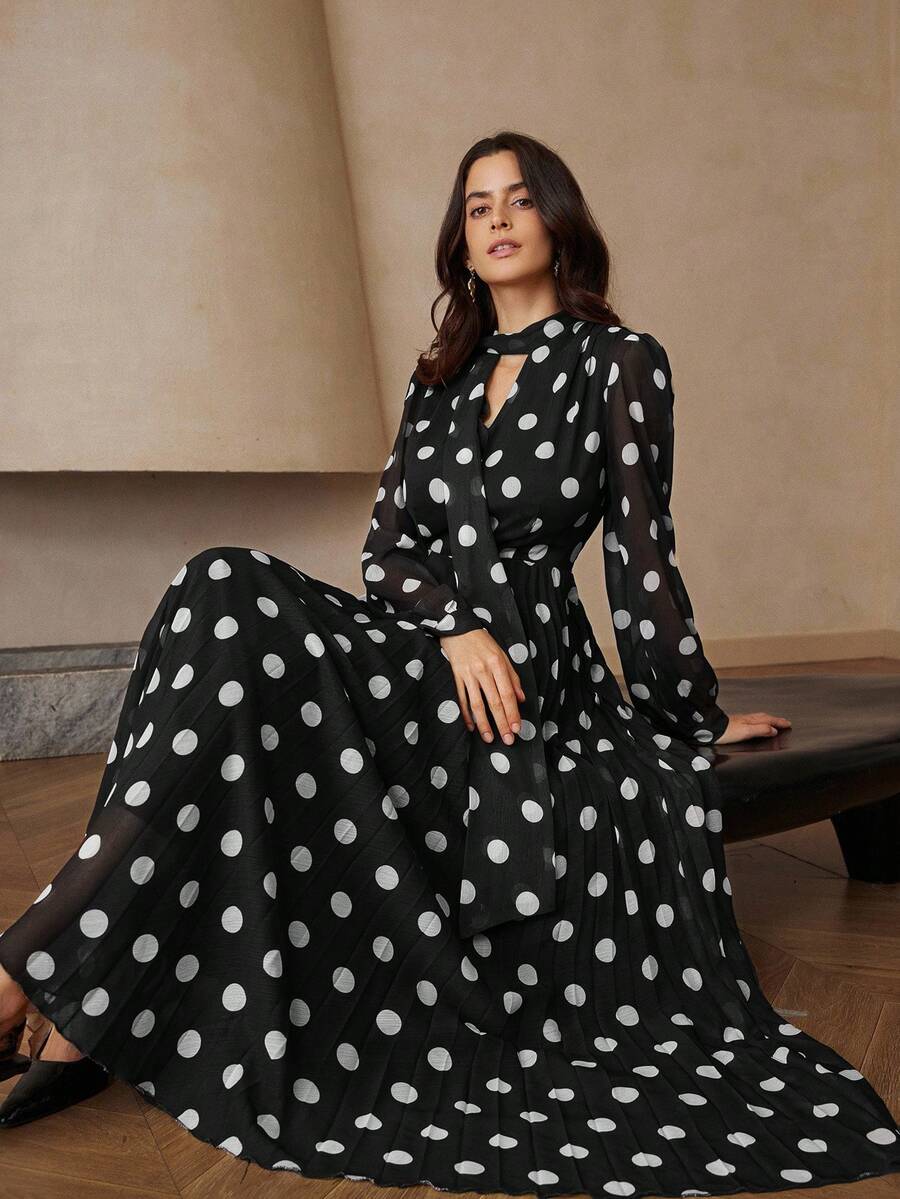 Aveloria Rosie French Romantic Ruffled Polka Dot Waist Dress With Long Sleeves, Printed - Black - View 1