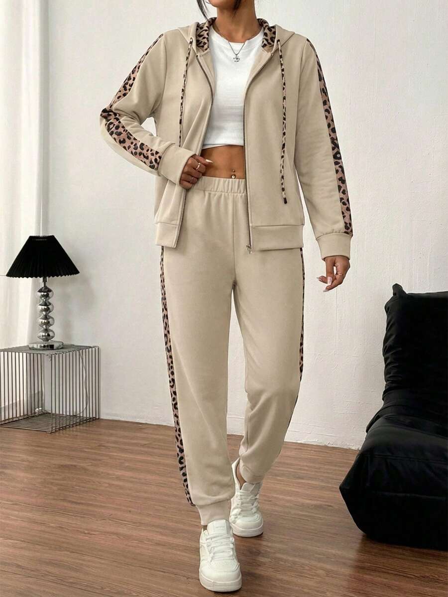 SHEIN Cottnline Women's Leopard Print Patchwork Zip Front Hoodie And Pants Casual 2 Pieces Set - Beige - View 1