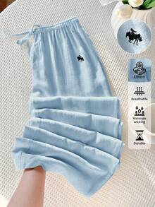 Comfortcana 浅蓝色梭织女式刺绣打结阔腿裤，百搭 - 淺藍色 - 查看 1