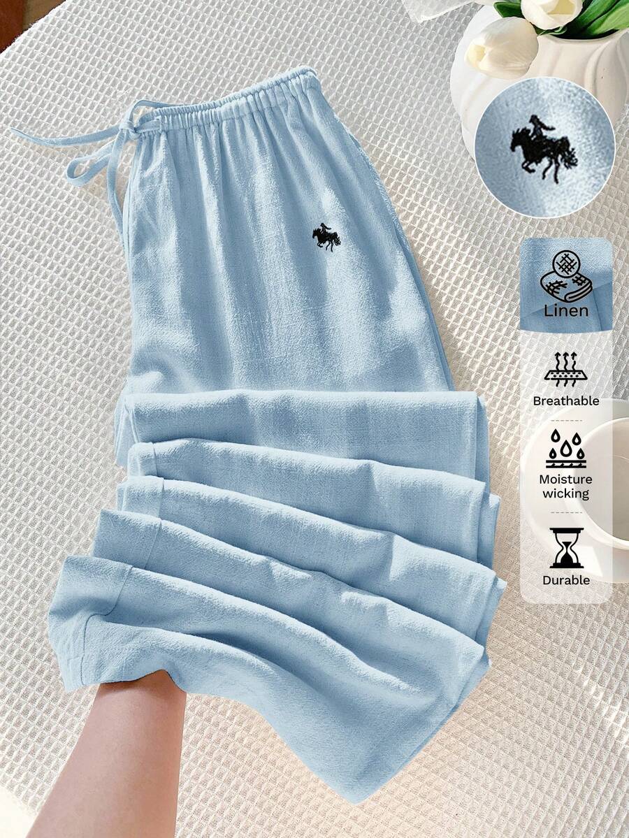 Comfortcana 浅蓝色梭织女式刺绣打结阔腿裤，百搭 - 淺藍色 - 查看 1