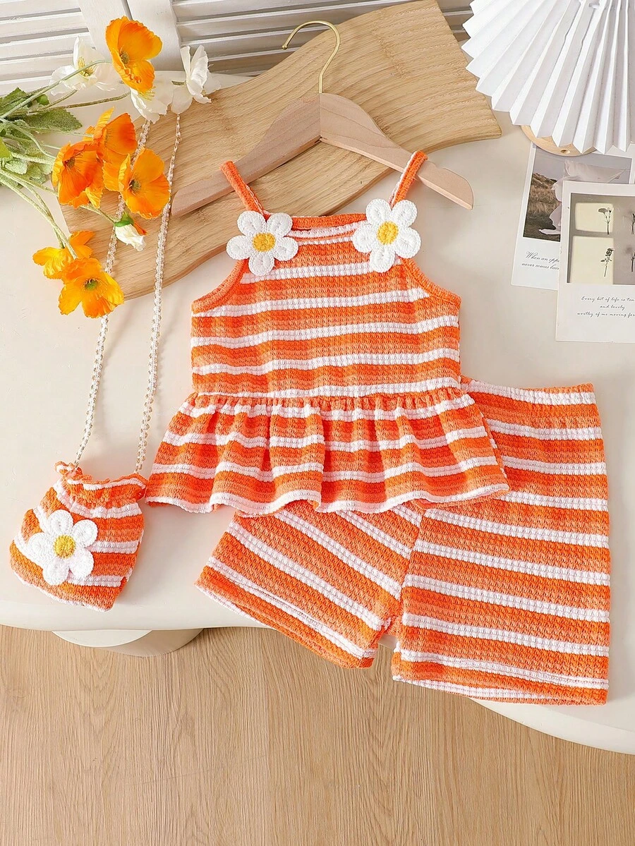 SHEIN Playful Pals 2pcs/Set Young Girls Crochet Orange & White Striped Daisy Decor Camisole Top+Shorts+Bag,Summer Matching Family Vacation Cute Flower Kids Clothes Set - Orange - View 1