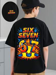 SHEIN GraphicGems 1件青少年男童休闲时尚创意个性化清新高端简约数字67卡通人物标语印花舒适基础款短款T恤，适合春、夏、秋季穿着。 - 黑色 - 查看 3