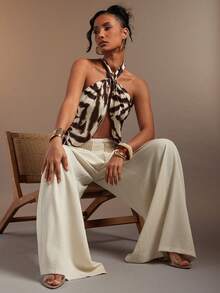 Hauture 女士性感抽象印花露背吊带亚麻上衣 - 咖啡棕 - 查看 7