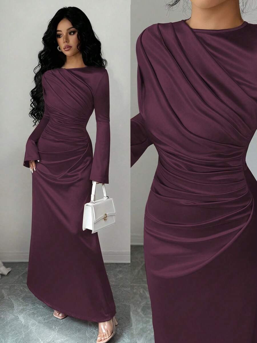Rafferiza Elegant Women's Red Violet Satin Mermaid Long Party Dress With Round Neck And Long Split Sleeves - Red Violet - View 1