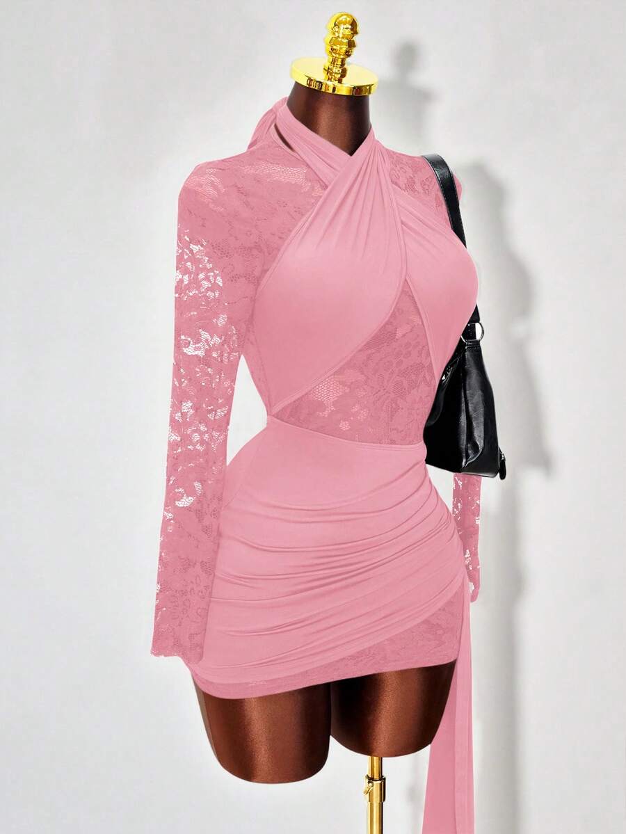 Mistrie Vestido elegante de mujer de unicolor con cruce envolvente, manga larga y parches de encaje - Rosa - Ver 1