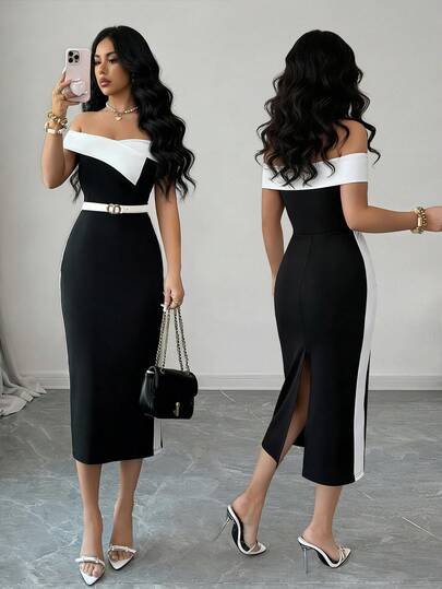 Selianne 优雅新款夏季女装连衣裙，撞色简约日常露肩修身开衩露肩中长连衣裙，黑白连衣裙，女士夏季连衣裙