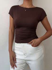 Aloruh 女士时尚性感度假风链条装饰露背蝙蝠袖褶皱T恤，适合夏季海滩度假、波西米亚热带音乐会、锐舞派对、乡村音乐会、伊比沙岛、纳什维尔等西部风格场合穿着。 - 咖啡棕 - 查看 5