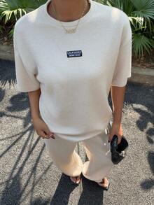 Muchica Women's Two-Piece Loose Striped Round Neck Drop Shoulder Short-Sleeved T-Shirt And Elastic Waist Striped Pants, Autumn Knitted Set, Spring/Summer Casual Spring Set.Summer Holiday Outfits - Khaki - View 1