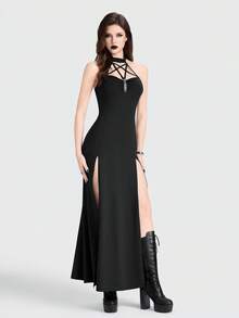 Breakform Women's Gothic Sexy Round Neck Halter Hollow Five-Pointed Star Front Ruched Decorative Eyelet Belt Double Side High Slit Fitted Long Dress - Black - View 4
