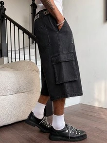 Manfinity EMRG 男士休闲街头风多口袋拉链褶皱黑色牛仔短裤 - 黑色 - 查看 4