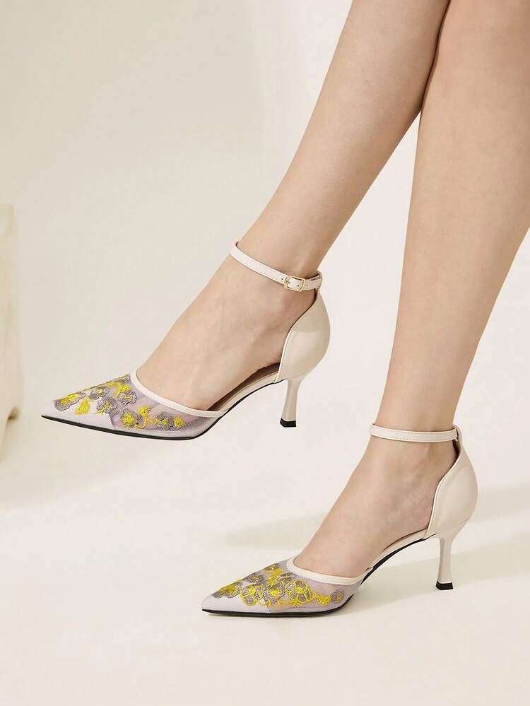 CUCCOO CHICEST Women's Pointed Toe Floral Embroidered Mesh Buckle Design Elegant High Heels Valentine's Day Elegant Shoes