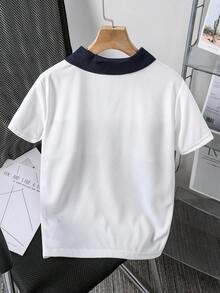 SHEIN Vacaura 1 pieza Camisa polo suave y cómoda de moda para niños, adecuada para salidas, fotos, escuela, diversas ocasiones, artículo esencial de verano para adolescentes varones - Azul Marino - Ver 2
