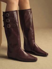 Rosivie 女士尖头搭扣设计休闲时尚过膝长靴 - 棕色 - 查看 6