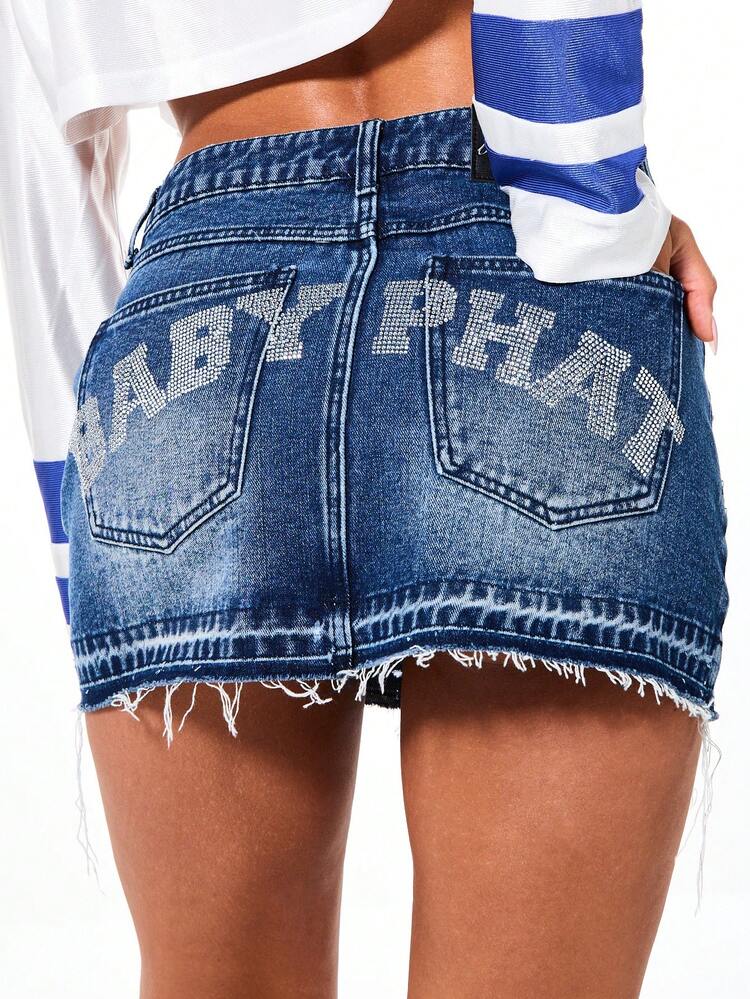 BABYPHAT Denim Mini Skirt With Rhinestone Text Detail Frayed Hem Medium Wash Distressed Style Casual Summer Festival Fashion
