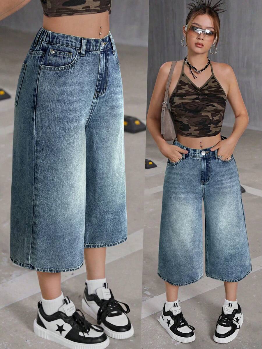 SHEIN Celana Jeans Denim Bermuda Hitam Longgar Gaya Y2K untuk Remaja Perempuan, Cocok untuk Kembali ke Sekolah di Musim Gugur, Fesyen Musim Gugur - Light Wash - View 1