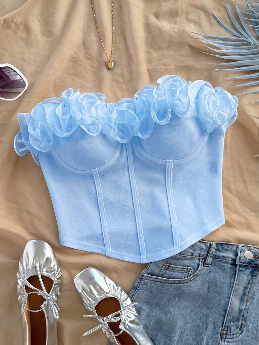 Soleia Top tubo ajustado con volantes romántico y sexy, adecuado para vacaciones, citas, San Valentín, tarde de té - Celeste - Ver 1