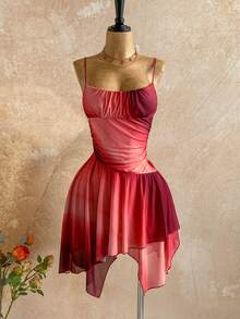 Soleia Women's Gradient Print Asymmetrical Hem Ruched Bust Spaghetti Strap Midi Dress, Sexy For Beach, Date, Holiday, Beach Vacation, Wedding, Cruise - Burgundy - View 7