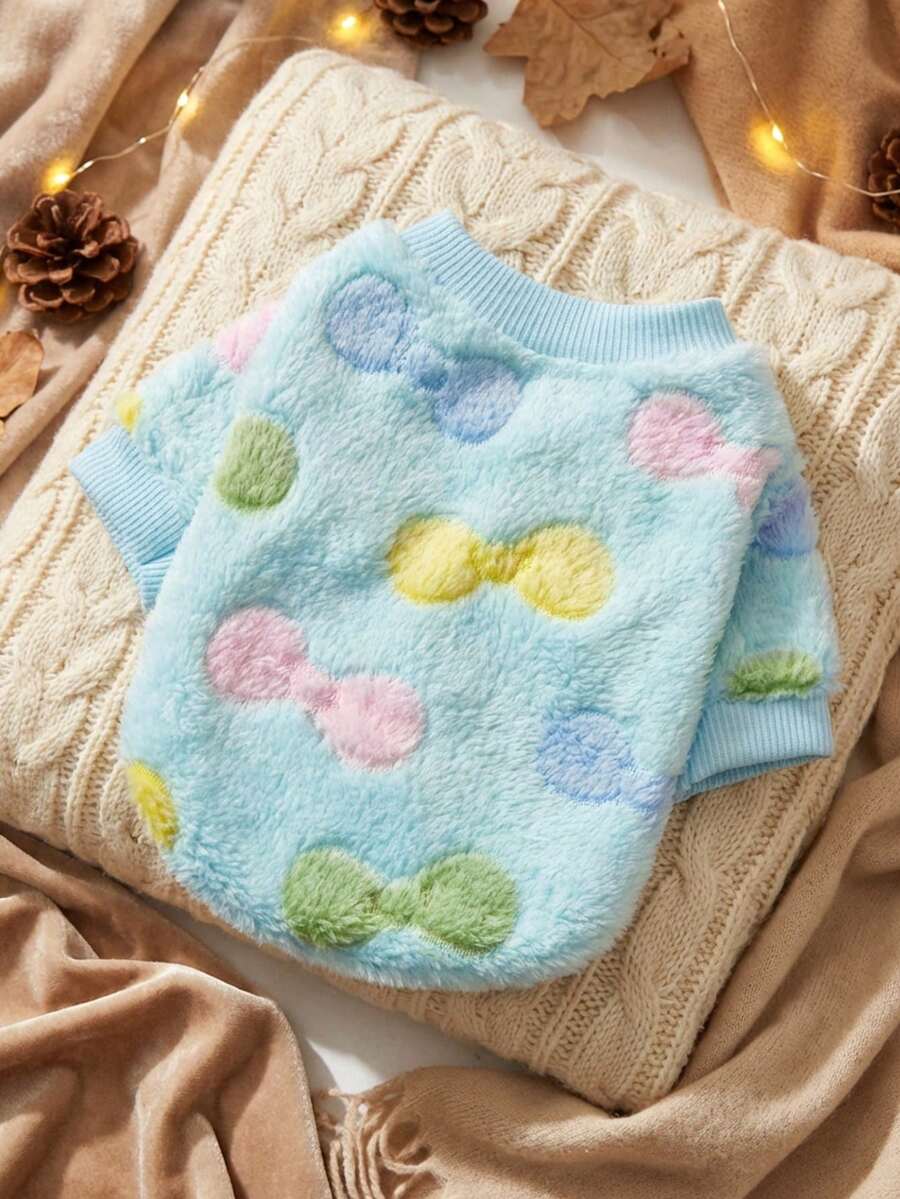 PETSIN 1 Pc Pet Dog Cat Universal Blue Flannel Bow Print Warm Crew Neck Sweatshirt - Multicolor - View 1