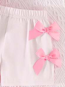 SHEIN Playful Pals 女婴休闲时尚日常圆领短袖露脐蝴蝶结装饰粉色T恤和松紧腰短裤两件套 - 粉色 - 查看 4