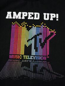 MTV | SHEIN 年轻女孩休闲日常通勤时尚街头彩色字母图案短袖黑色T恤 - 黑色 - 查看 4