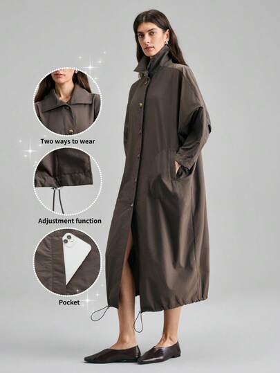 Ontre 2026SS Women's Woven Fabric Solid Color Button Placket Loose Fit Long Sleeve Office Business Casual Trench Coat, Independence Day Urban Chic Minimalist Commuter Comfortable Elegant Teacher's Day Long Sleeve Casual Commuter Stylish Fashionable Popular Women Trench Coat