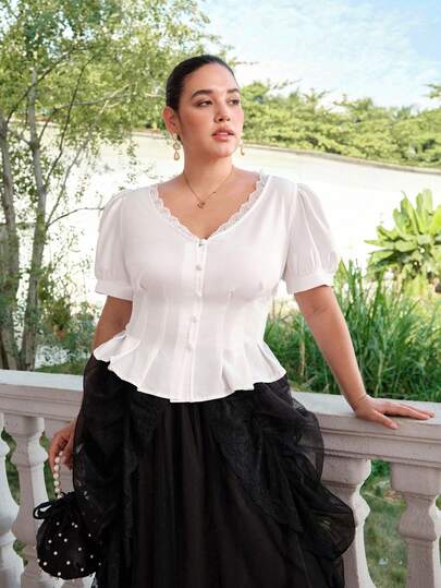 SHEIN MOD Valentine Plus Size White Vintage Elegant Lace Trim Open Front Shirt, V-Neck Cinched Waist Short Sleeve Blouse, Casual Wear For Dates, Vacation.Spring And Summer Vacation Outfits.Sisters' Tea Party