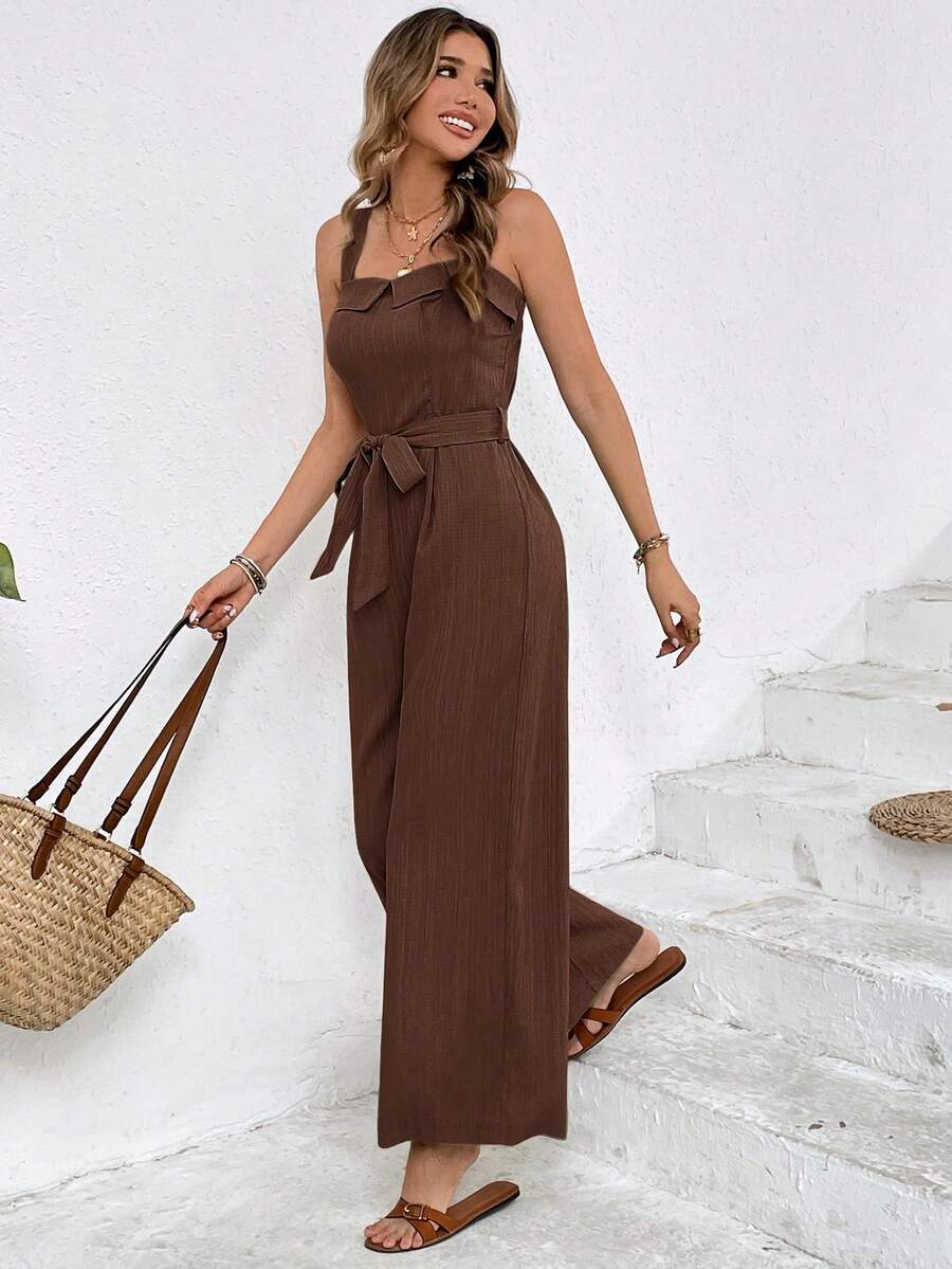 SHEIN Frenchy Women's Casual Solid Color Textured Loose Jumpsuit, Summer - Coffee Brown - View 1