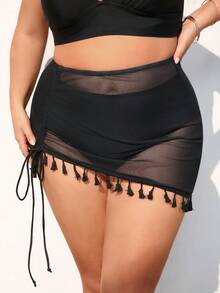 SHEIN CURVE+ 大码女式纯色流苏下摆休闲宽松黑色网纱半身裙，女士度假装，女士沙滩装 - 黑色 - 查看 1