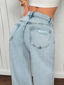 Low Waist Casual Style Light Blue Snow Wash Regular Fit Button Front Wideleg Jean - Light Wash - View 5