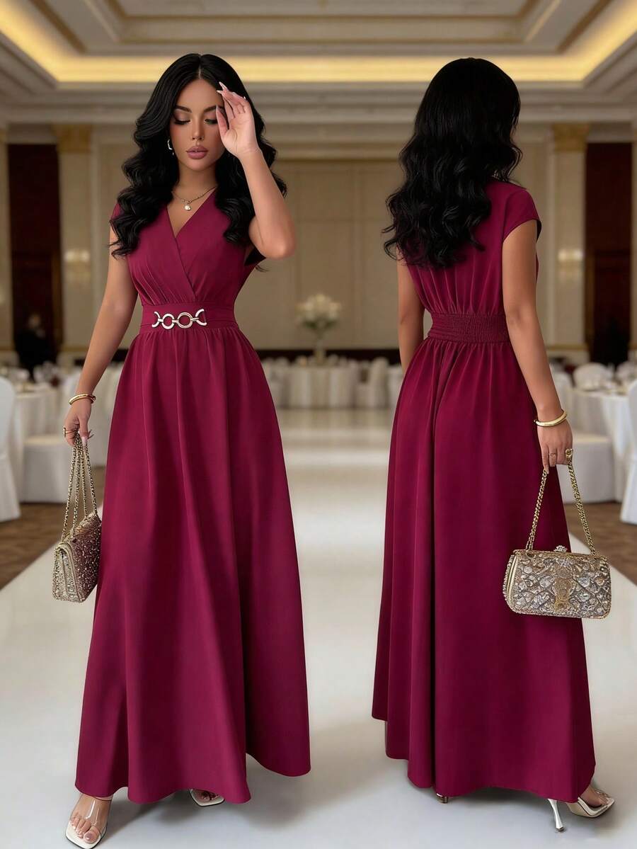 Rafferiza 女士优雅V领蝙蝠袖收腰喇叭裙摆连衣裙，樱桃红，春夏款 - 酒紅色 - 查看 1